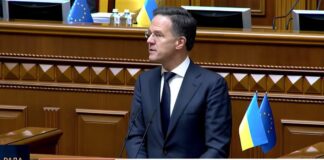 NATO Secretary General Mark Rutte speaks from the rostrum of the Verkhovna Rada of Ukraine
