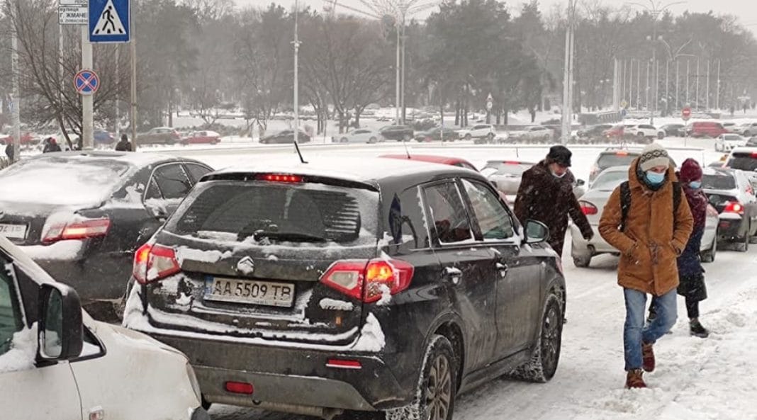 Ice on the sidewalk in Kyiv in winter
