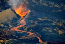 The eruption of the Piton de la Fournese volcano on the island of Reunion