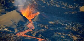 The eruption of the Piton de la Fournese volcano on the island of Reunion