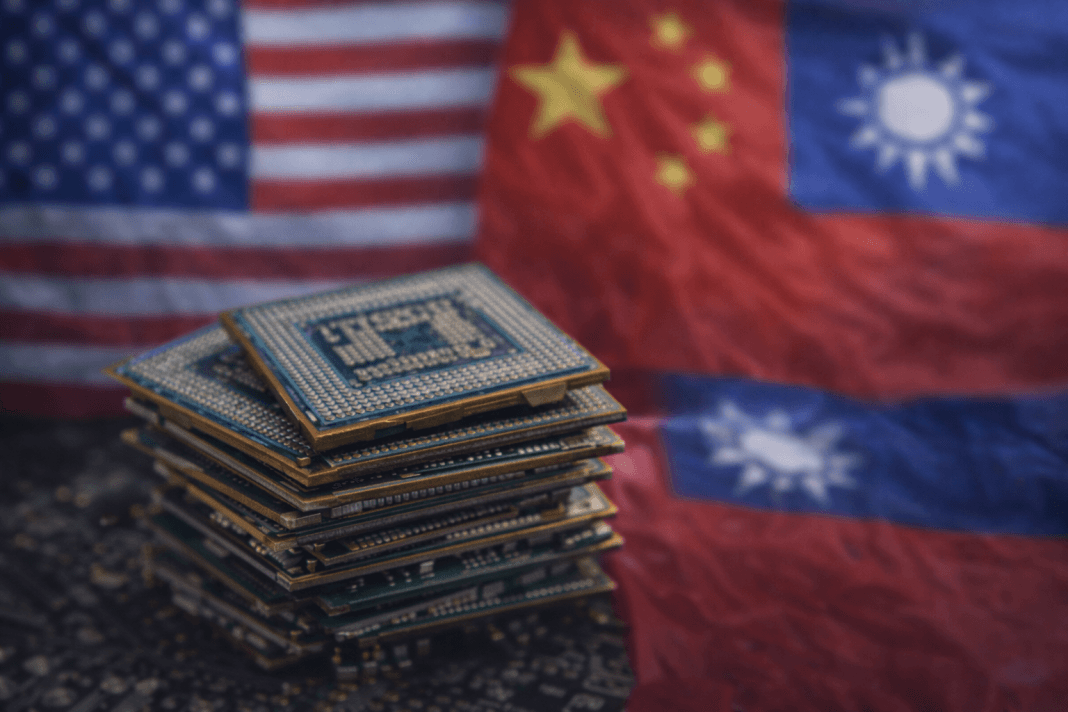 Microchips on the background of US, Chinese and Taiwanese flags