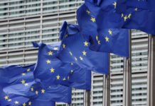 Flags of the European Union outside the institutions in Brussels