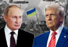 Кремль хоче свого президента в Україні Володимир Путін і Дональд Трамп на тлі карти України