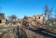 Destroyed buildings after Russian shelling in Druzhkivka