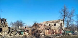 Destroyed buildings after Russian shelling in Druzhkivka