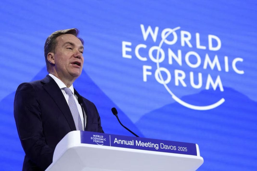 Borge Brende speaks on the stage of the World Economic Forum