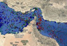 Map showing the accumulation of oil tankers in the Strait of Hormuz