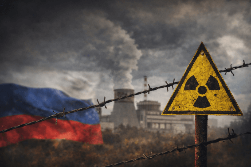 Знак радіаційної небезпеки на тлі промислового об’єкта