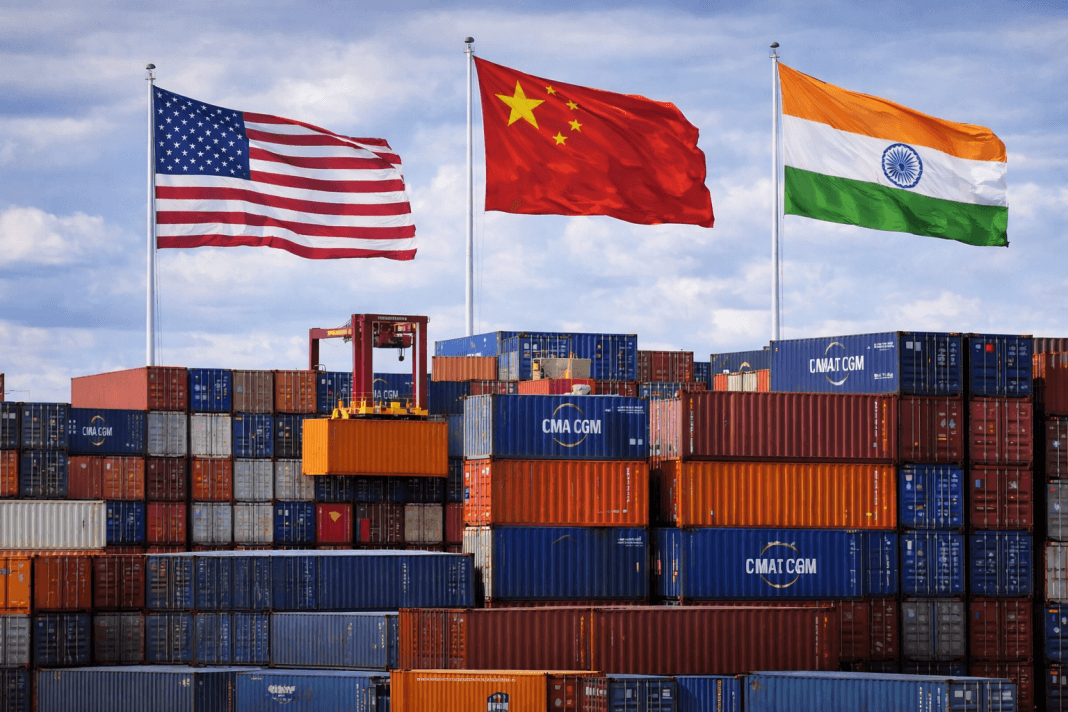 тарифи сша Контейнери в міжнародному порту на тлі прапорів США, Китаю та Індії