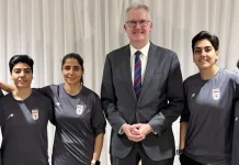 Five Iranian football players during a press event in Australia