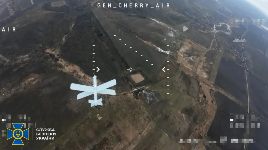 Lancet drone in flight against the sky