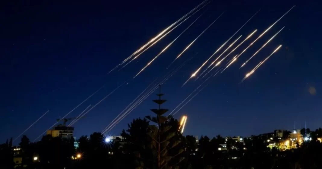Missiles in the night sky during the conflict in the Middle East