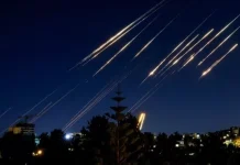 Missiles in the night sky during the conflict in the Middle East