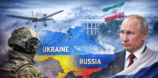 Ukrainian military and drones on the background of the war map