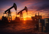 Нафтові качалки на родовищі під час заходу сонця