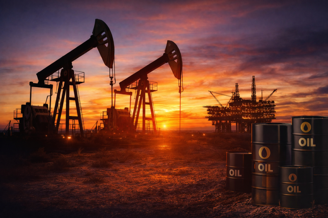 Нафтові качалки на родовищі під час заходу сонця