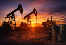 Oil pumps at the field at sunset