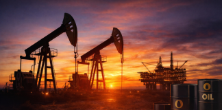 Oil pumps at the field at sunset