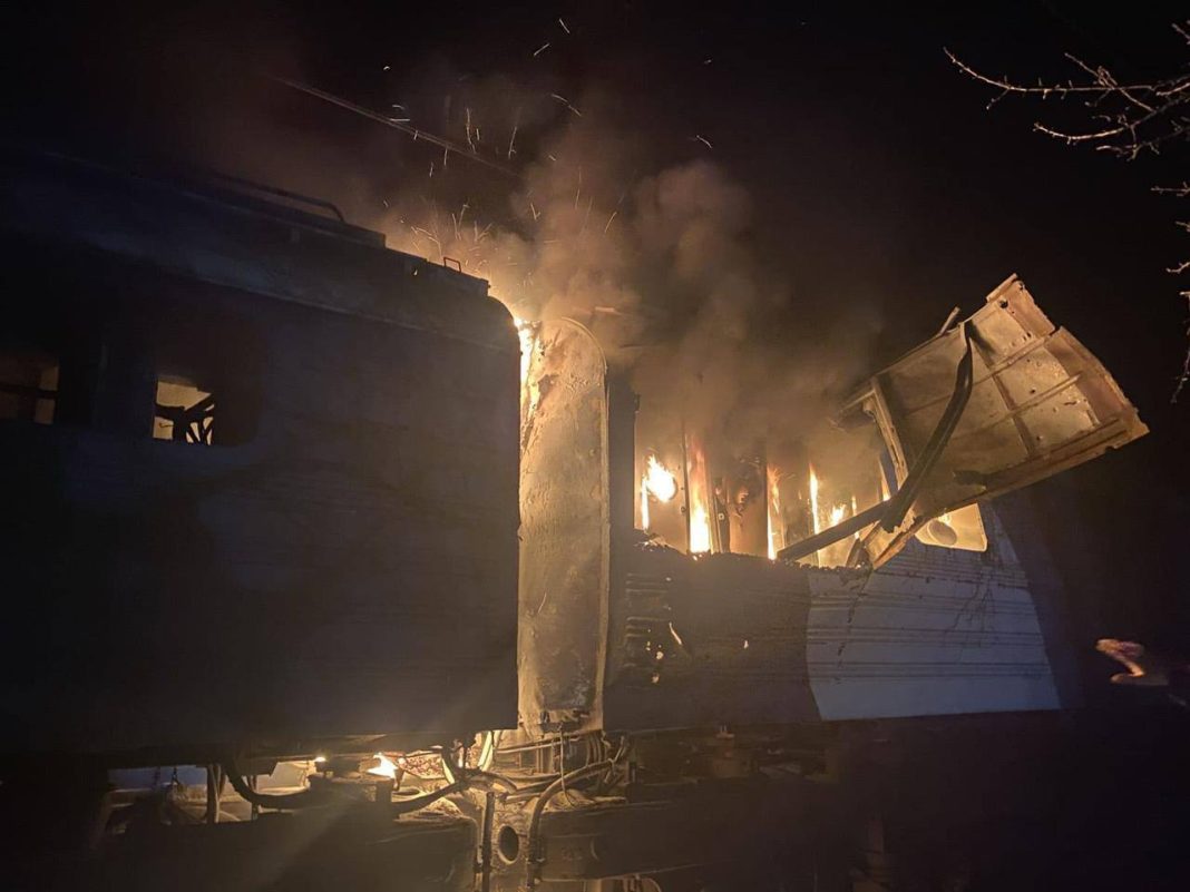 Damaged locomotive on railway track after drone attack