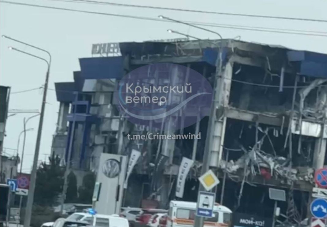 The destroyed building of a military facility after a drone attack in Sevastopol.