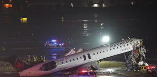 An Air Canada Express aircraft on the taxiway at LaGuardia Airport.