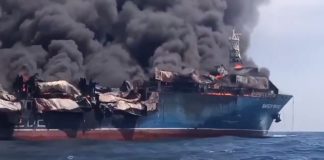 Fire on large container ship in the Strait of Hormuz after attack