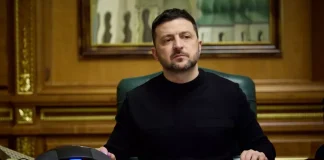 President of Ukraine Volodymyr Zelenskyy delivers a speech