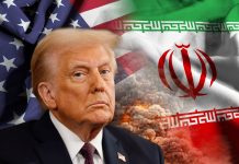 Іран відмовляється капітулювати у війні із США Трамп на фоні прапорів Ірану і США