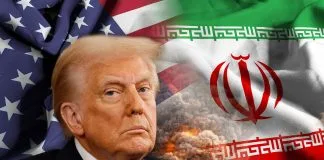Трамп на фоні прапорів Ірану і США