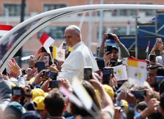 Pope visits Monaco for the first time in 488 years The Pope speaking in Monaco against the backdrop of local architecture.