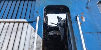 A damaged locomotive after a drone strike