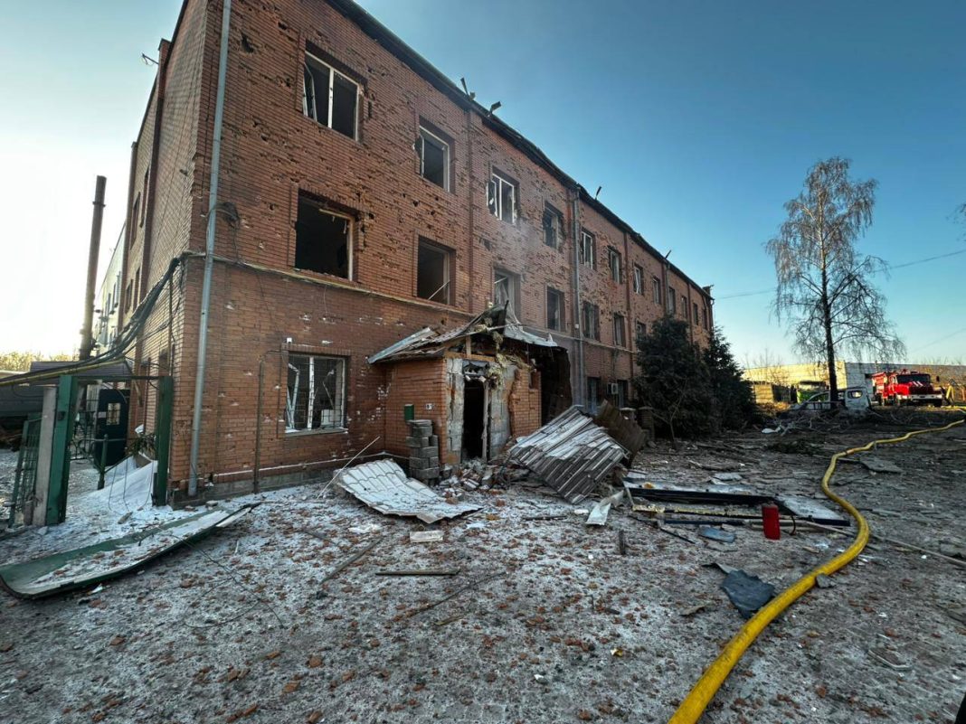 Damaged buildings after a rocket attack in the Kyiv region.