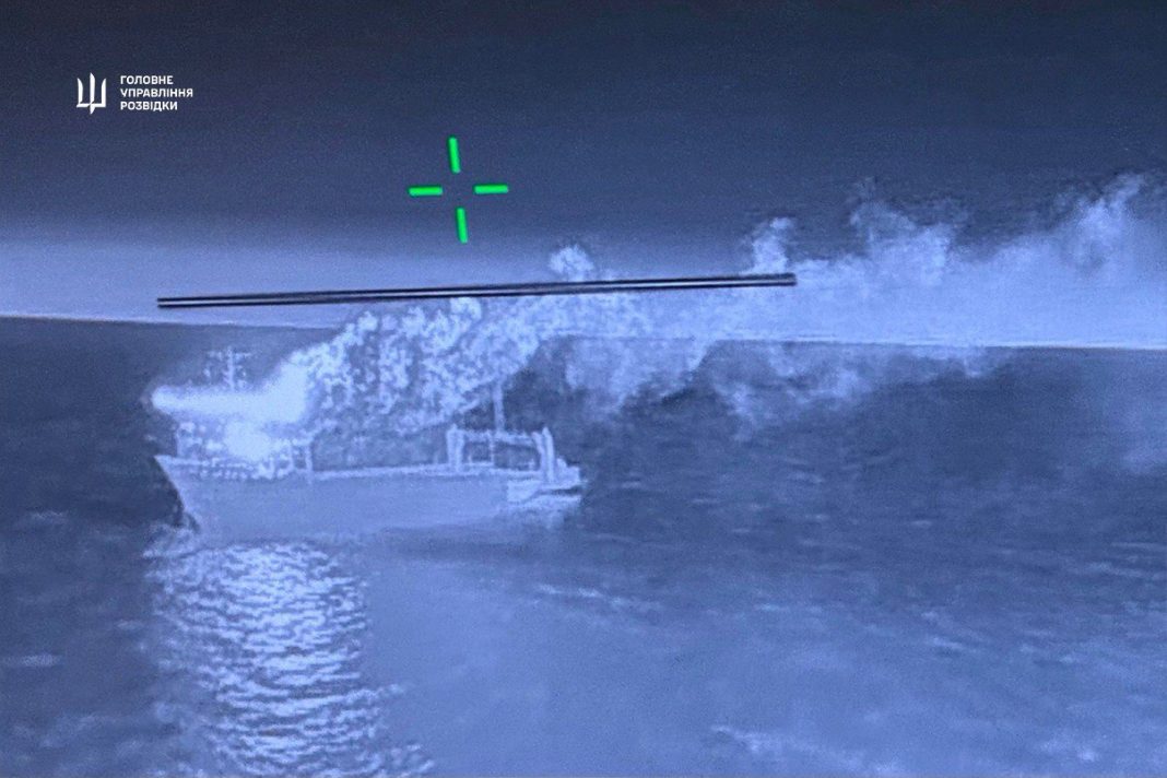 Damaged warship at Kerch crossing after strike