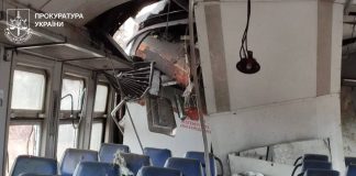 Damaged electric train at the station after being hit by an FPV drone