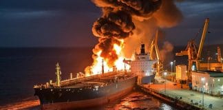 Палаючий нафтовий танкер в порту РФ.