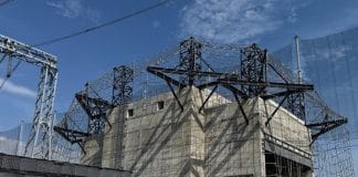 Energy infrastructure with high-voltage lines.