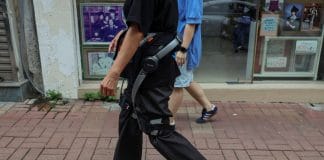 An elderly woman with an exoskeleton in Hong Kong