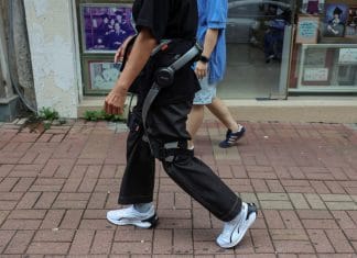 An elderly woman with an exoskeleton in Hong Kong