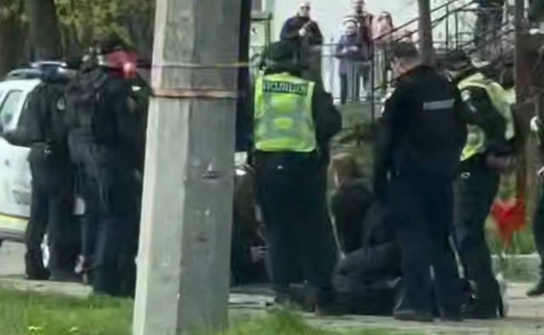 Police at the scene of a shooting in Chernihiv, where there are wounded