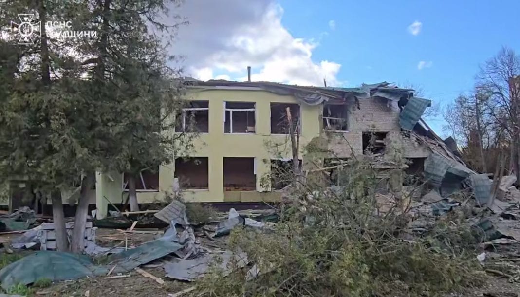 Damaged kindergarten after an air strike