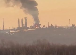Fire on the territory of an oil refinery after a drone attack in Ufa, Russia