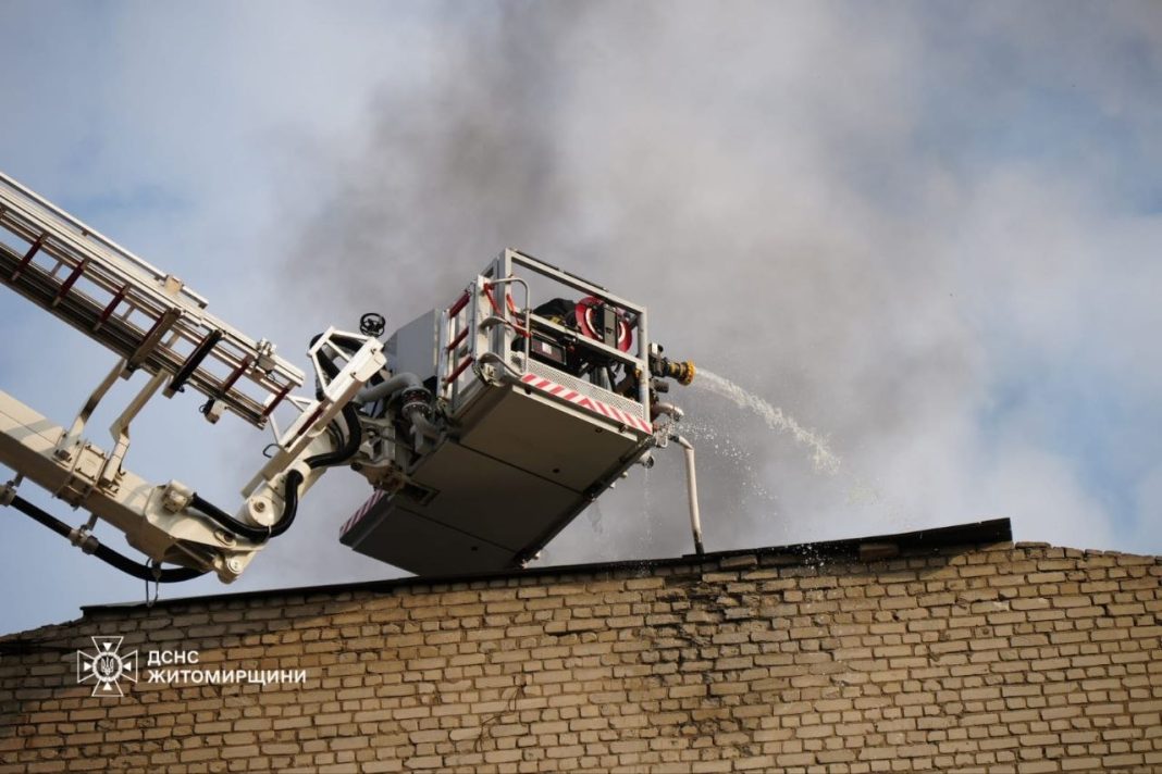 Rescuers extinguish a fire after shelling in Zhytomyr region.
