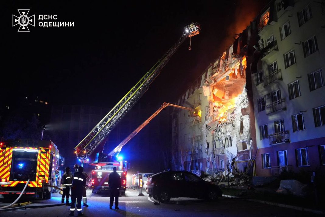 Rescuers work after the shelling of Odesa