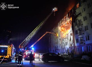 Rescuers work after the shelling of Odesa