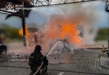 Fire after drone attack on petrol station in Kherson
