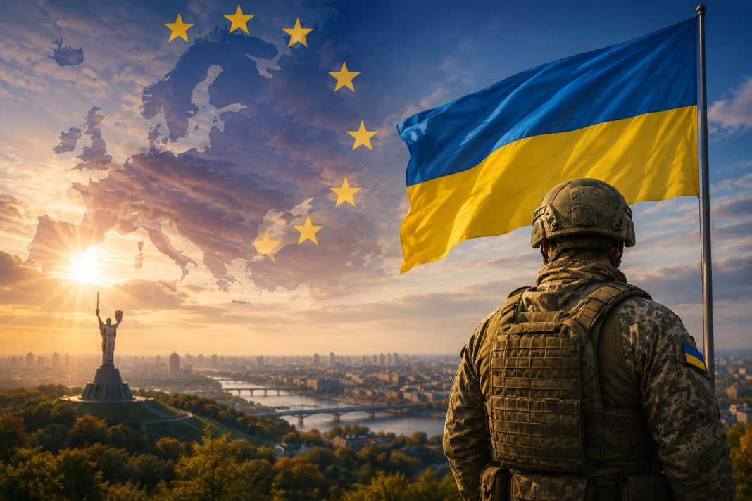Український військовий на тлі прапора України та мапи Європи.