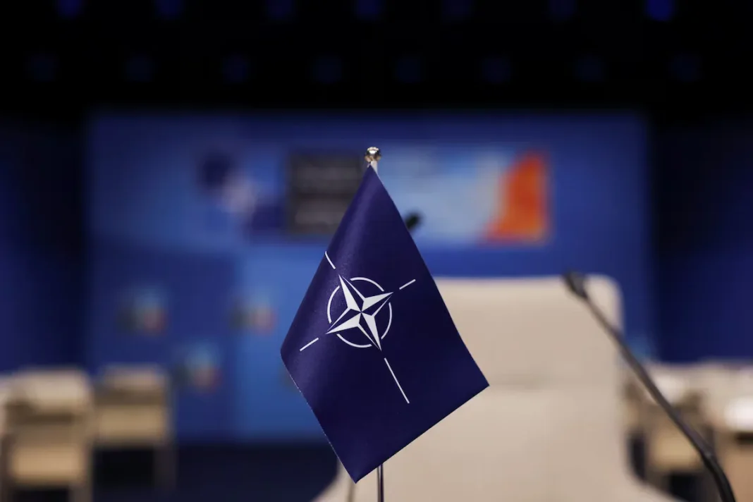 The NATO flag at the venue of the Alliance Summit