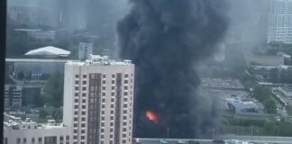 Fire in a warehouse in Moscow, smoke