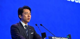 Japanese Defence Minister Shinzo Koizumi speaking at the Singapore Security Summit, May 2026.