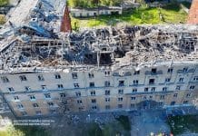 Destroyed dormitory of Dnipro National University after rocket attack